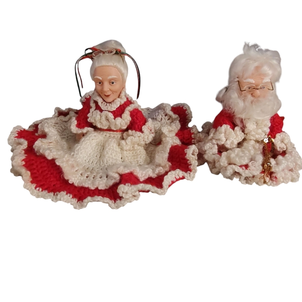 Handmade Set Of 2 Crochet Santa & Mrs. Claus Tree Topper Ornaments Decorations 